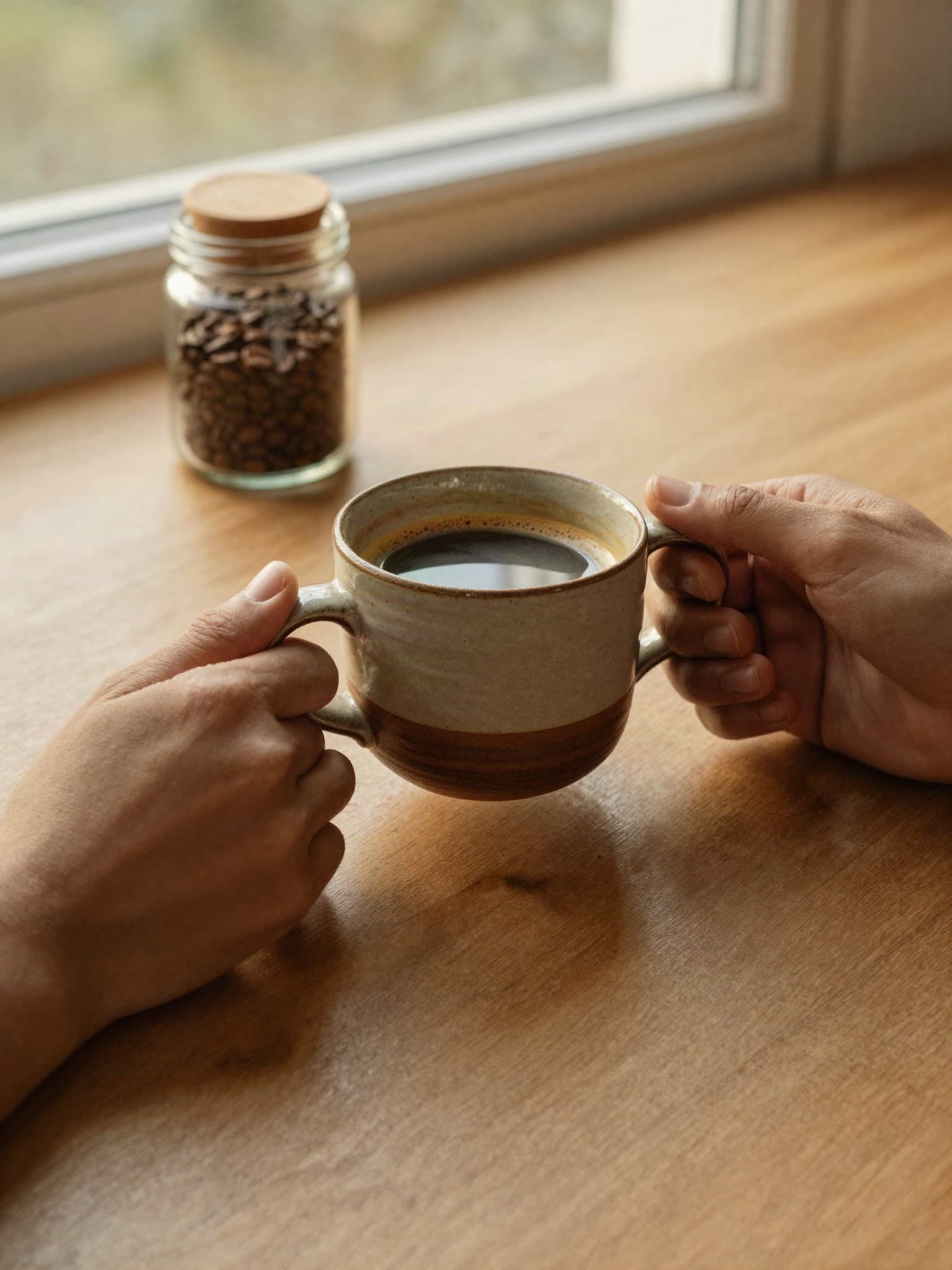 Hands holding a ceramic coffee mug at a sunlit wooden table, a jar of coffee beans behind