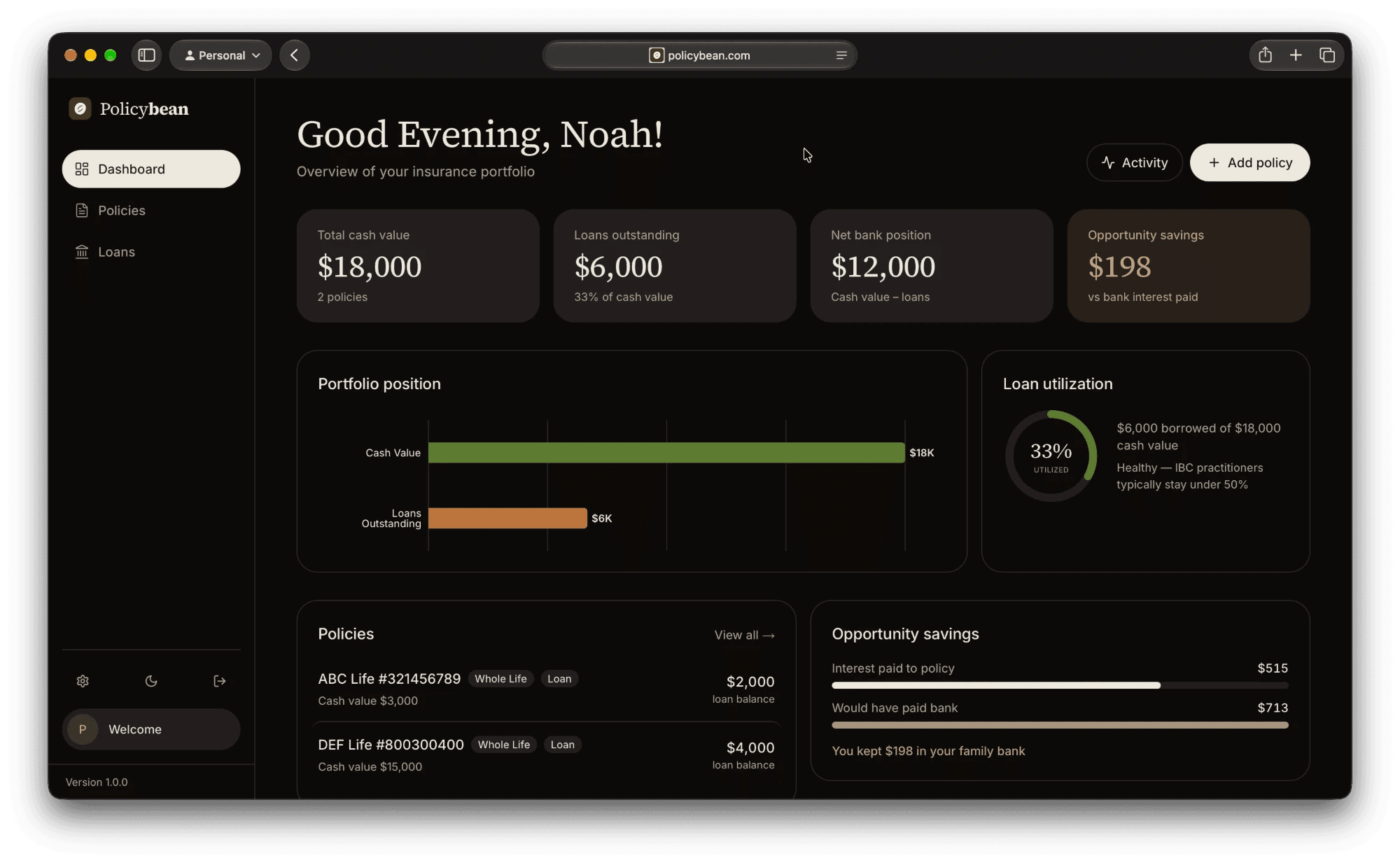 The Policybean dashboard in dark mode: total cash value, loans outstanding, net bank position, opportunity savings, a portfolio bar chart and a loan utilization ring
